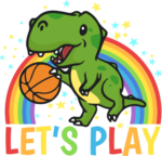 Lets play, dinosaur playing basketball clipart, rainbow design free svg file