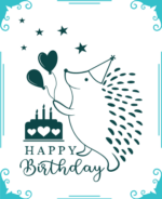 Happy birthday card, cute kids hedgehog, cake, balloons - free svg file for members