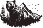 Grizzly bear and landscape woods mountains free svg file for members, camping vector image for engraving