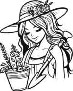 Flower pot and A gardener woman holding shovel free svg file for members, gardening vector image