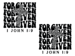 Forgiven, echo stacked text , 1 John 1:9 free svg file for members, leopard skin cross, Christians tee design