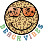 Beach vibes, leopard print smiley emoji with palm trees sunglasses free svg file for members, vacay tshirt design