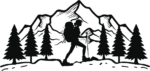 Trekking woman, trees, mountains behind free svg file for members, Hiking vector image